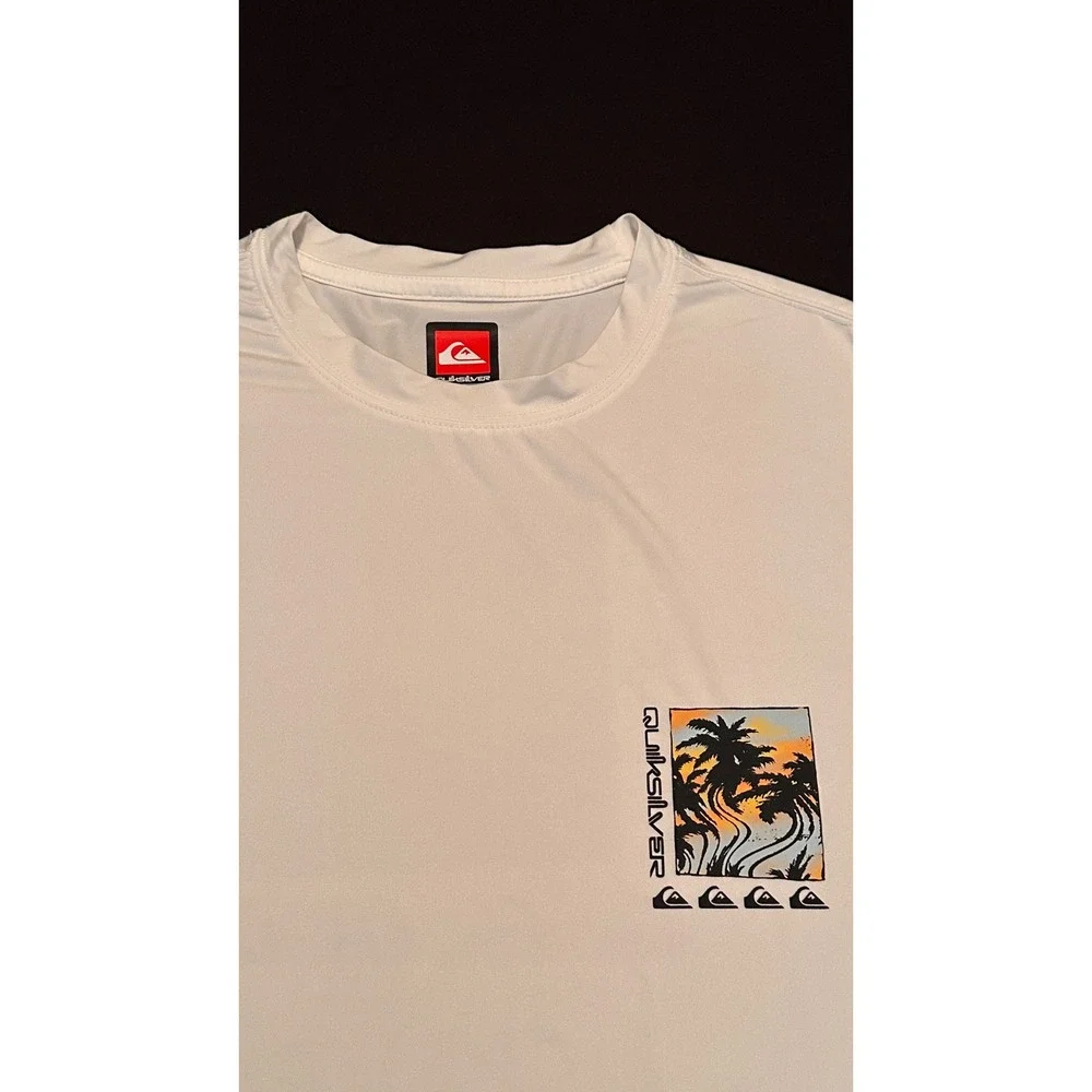 Quiksilver Mens White Short Sleeve Rash‎ Guard UPF 50+ Palm Graphic Swim Shirt L